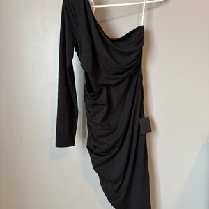 Lulus Womens NWT Black Sparkly Midi Asymmetrical Long Sleeve Dress Large